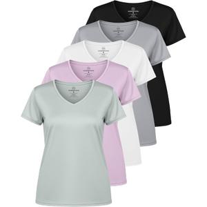Real Essentials 5 Pack: Women's Dry-Fit Short Sleeve V Neck T Shirt Workout Fitness Yoga Top Tee  (Medium)