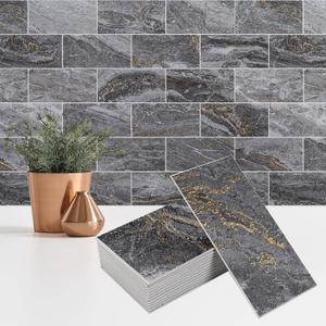 100 Pieces Peel and Stick Backsplash for Kitchen, 3" x 6" PVC Subway Tile 2025 Upgraded Gray-Gold Stone Backsplash Stick on Tile Elevate Kitchen Fireplace RV (Gray-Gold Stone)