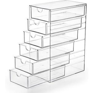 Hipiwe Plastic Drawer Organizer Clear Desktop Drawers Box with 6 Pull Out Drawer Compact Storage Box for Cabinet Vanity Bathroom Bedroom Pantry Shelf Office or Closet Organization, Pack Of 2