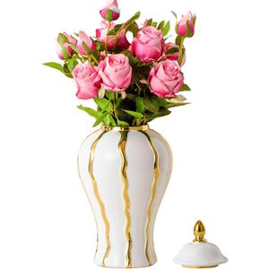 Ginger Jar, White and Gold Ginger Jar with Lid Ceramic Flower Vase for Home Decor, Storage jar, Table Center Vase Temple Jar, Decorative Centerpiece for Home, Living Room(18in)