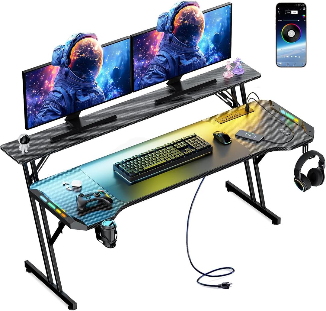 55 Inch Gaming Desk, Smart Computer Gamer Desk with LED Lights & Mouse Pad, Gaming Table with Power Outlet, Monitor Stand, Side Hook, Ergonomic Work Desks for Home Office, Carbon Fiber Black