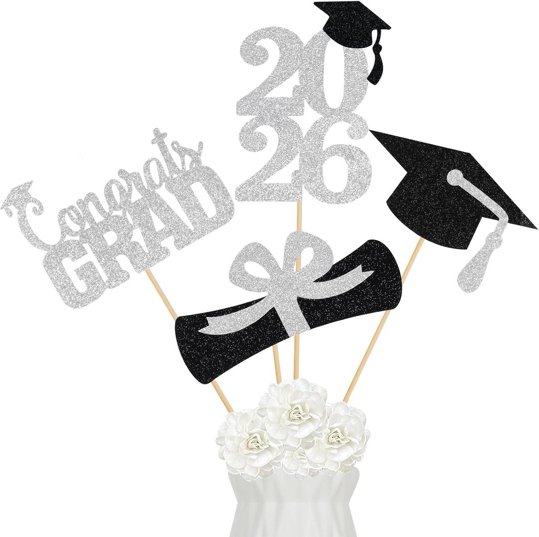 3 x 24Pcs Silver 2026 Graduation Centerpieces Sticks, Graduation Party Centerpieces for Tables Silver Graduation Table Centerpieces 2026 for Graduation Table Decorations 2026 Silver