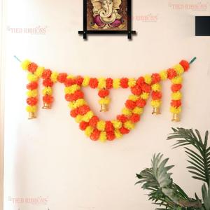 TIED RIBBONS 36 Inch Door Toran Bandhanwar | Artificial Marigold Flowers Garland with Golden Bells for Home, Diwali | Yellow, Orange | Garland for Door Wall Hanging Dcor | Ganesh Chaturhti Decoration (2 feet)