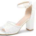 Perphy Lace Open Toe Bow Ankle Strap Block Heel Sandals for Women (8, White)
