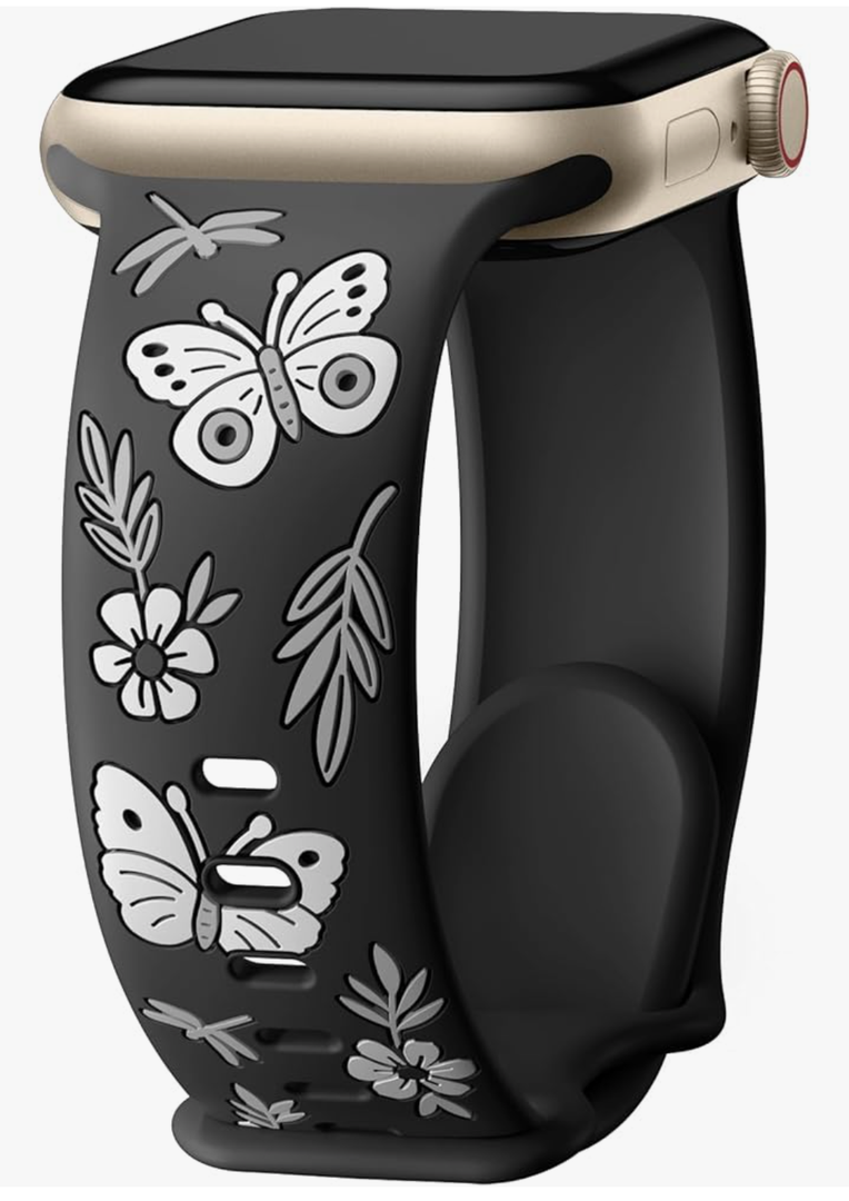 Floral Band Compatible with Apple Watch Band for Women 40mm 38mm 41mm 42mm 44mm 45mm 46mm 49mm, Soft Silicone Engraved Cute Butterfly Flower Sport Strap for iWatch Series 10 9 8 7 6 5 4 3 2 1 SE Ultra