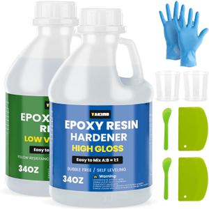 TAKIMO 68OZ Crystal Clear Epoxy Resin Kit - 1:1 Mixing Ratio, Bubble Free & Anti-Yellowing - High Gloss Casting & Coating Resin for Jewelry, River Tables, Bar Top, Countertops & Wood - Heat Resistant