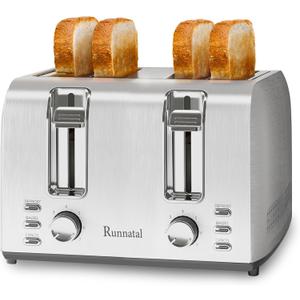 Runnatal 4 Slice Toaster, Full Stainless Steel, Extra-Wide Slot Toaster with 7 Shade Settings and 3 Mode, Defrost, BAGEL, Cancel Functions, Easy to Operate and Clean 120V 1600W Silver Metallic