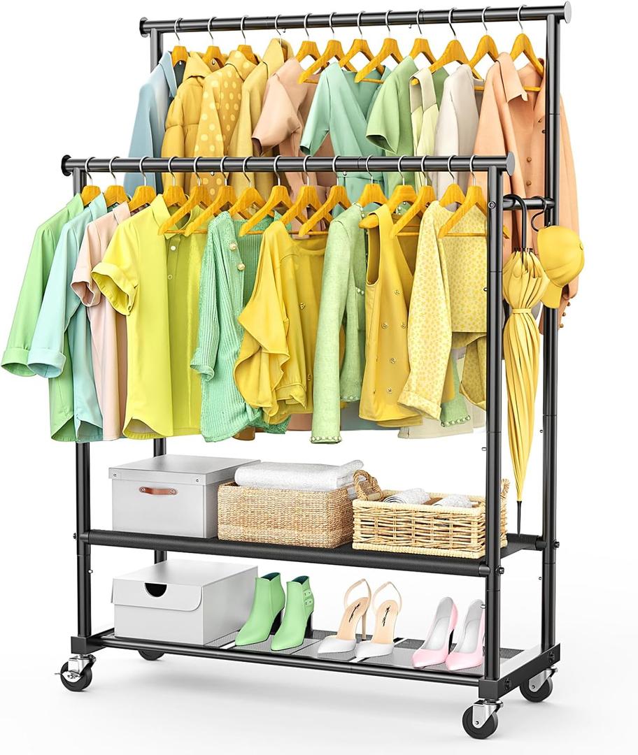 Double Rods Clothes Rack for Hanging Clothes, Heavy Duty Rolling Clothing Rack with Wheels, Freestanding Garment Racks with Oxford Bottom Shelf and Mesh Bottom Shelf for Bedroom Laundry Living Room (Yellow)