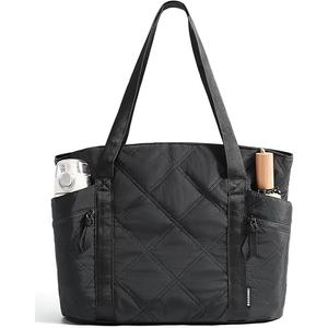 BAGSMART Crush Tote Bag for Women, 20L Puffer Work Tote with Zipper, Travel Essentials Quilted Nurse Hospital Bag, Black