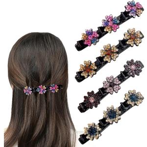 Glittering Crystal Stone Braided Hairpins, Hummingbird Hairpin with Crystal Flower, Clover Rhinestone Hairpin, Large Hair Pins for Thick Hair with 3 Mini Hairpins for Women and Girls