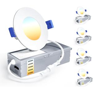 Ensenior 4 Pack 3 Inch LED Recessed Light, Dimmable, 2700K-5000K 5CCT, 500LM High Brightness, 6W 120V, Damp Rated, Ultra-Thin Canless Wafer Light - ETL & FCC & IC