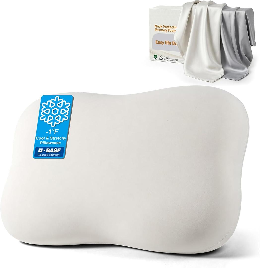 doudou Cervical Pillow for Side Sleepers - Neck Pain Relief Pillow with 3-5 Second Slow Rebound Memory Foam, 360 Ergonomic Support & Cooling Odor-Resistant Pillowcase for Home, Bed, Dorm Use