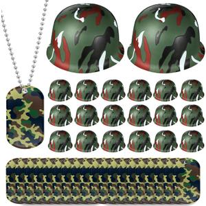 30 Pcs Army Party Favor Helmet Costume Includes Kid Plastic Camouflage Hats Military Dog Tags Chains