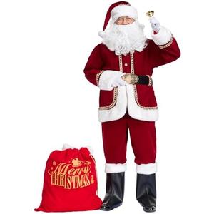 ABALAGU Santa Claus Costume for Men Deluxe 11pcs Adult Professional Santa Suit Christmas Santa Costume Set Size M