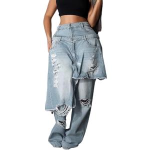 Voghtic Jeans for Women Trendy High Waisted Ripped Tear Y2K Patchwork Wide Leg Denim Pants with Pockets Streetwear (Small, Blue)