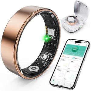 Smart Ring with Sleep Monitoring, Step Counting, Heart Rate and Blood Oxygen for iOS and Android, No Subscription Fee, IP68 Waterproof Health Tracker (Rose Gold, 7)