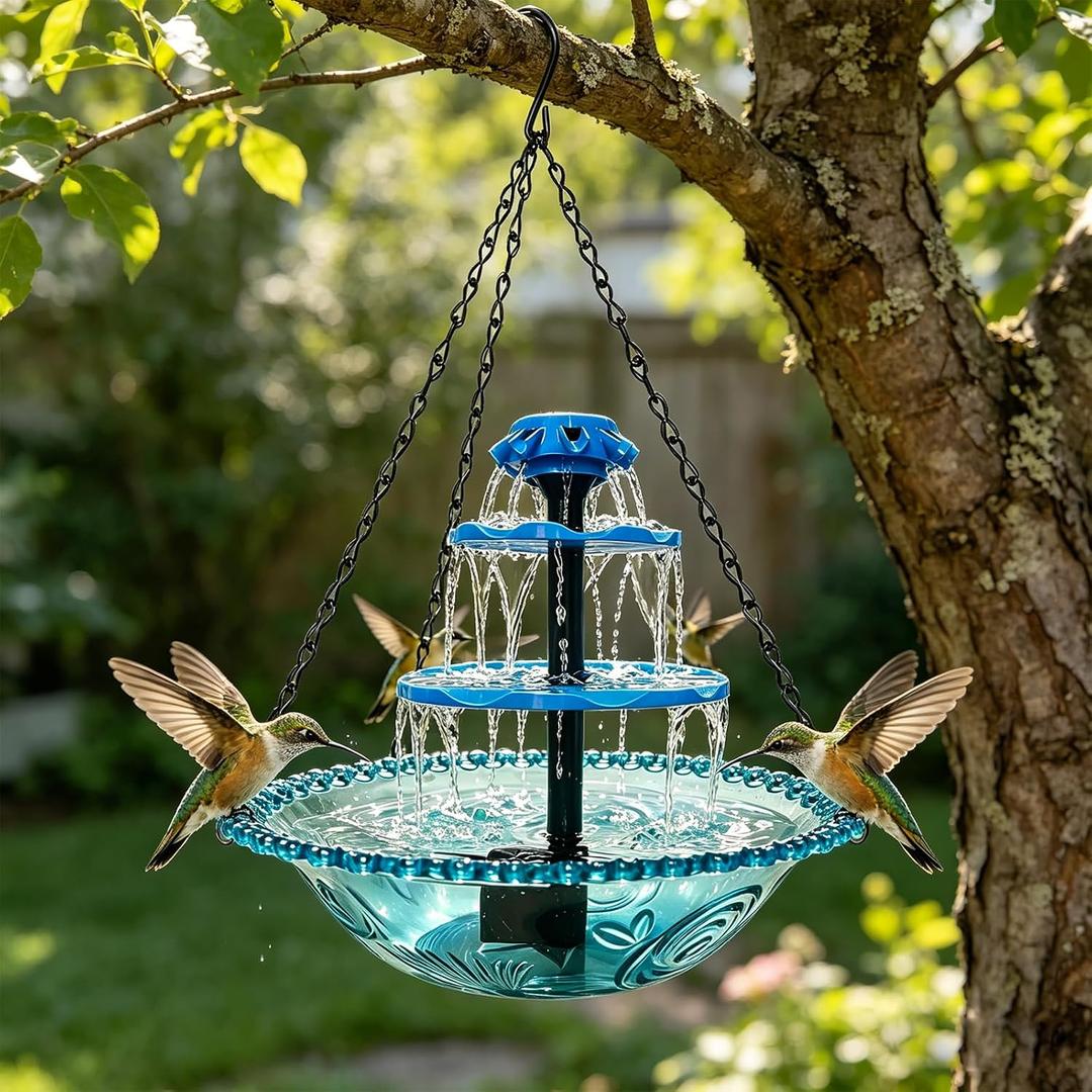 Solar Powered Hanging Bird Bath Fountain, 3-Tier Cascading Water Feeder for Hummingbirds Wild Birds[16.4FT/Extra Long Cord] for Outdoor,Garden, Patio, Backyard Decor