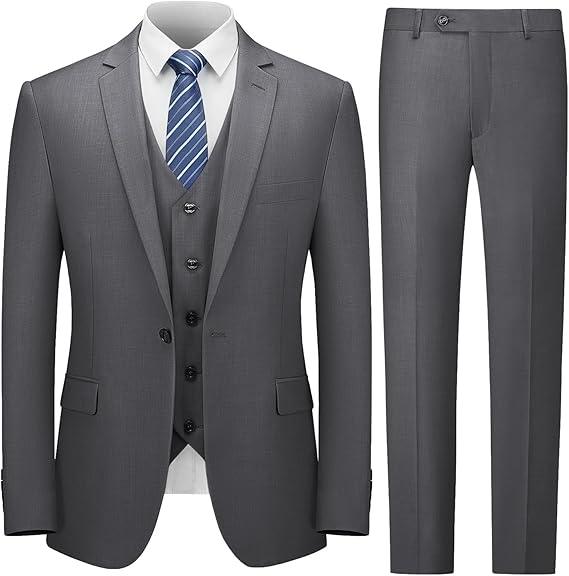 No Brand Men's Three-piece Suit, Grey and Tie Blue 46R/2XL