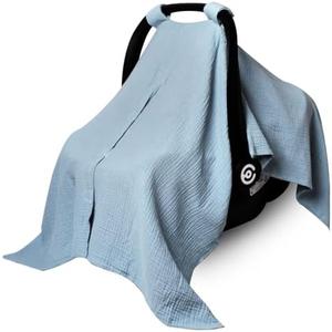 Muslin Car Seat Cover for Babies, Baby Carseat Cover for Boys Girls, Breathable Infant Car Seat Canopy, Multiuse Baby Carrier Cover & Nursing Breastfeeding Cover(Blue)