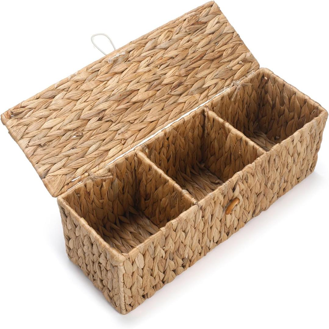 Wicker Bathroom Basket with Lid, Water Hyacinth Toilet Tank Basket with 3 Compartments, Woven Storage Box for Bathroom Organizer (13.2 x 5.1 x 4.5 inch)