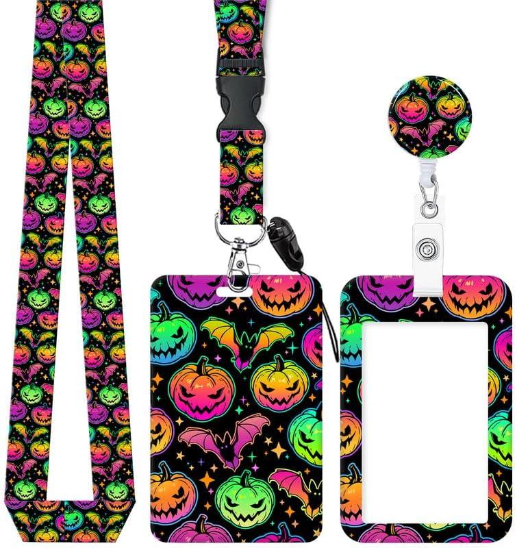 ID Badge Holder with Retractable and Detachable Lanyard, Cute Badge Reel Breakaway Lanyard with Carabiner Clip for Women, Teachers, Nurses, Perfect Work and Office (Colourful Haloween Pumpkins)