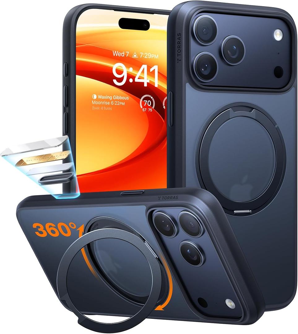 TORRAS Upgraded 360 Magnetic Stand for iPhone 17 Pro Max Case with Camera Control Button, Fit for MagSafe with Ring, Mil-Grade Protection, Translucent Slim for iPhone 17 ProMax Case Ostand, Black
