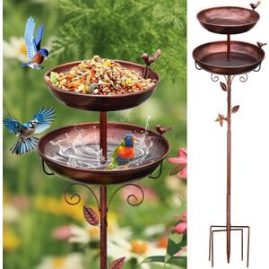 Metal Bird Bath for Outside, 2-in-1 Birdfeeder and Bath, 42 Inch Tall Stand with Hummingbird, Large 12Inch & Small 7.9Inch Bird Bath Bowl, 3 Bird Decor for Garden, Antique Bronze