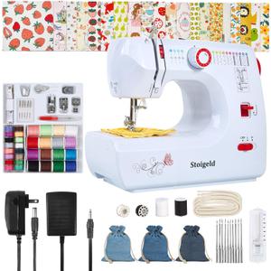 Sewing Machine for Beginners with 20 Pcs Fabric3 Pcs Prefabricated kits and 32 Pcs Sewing Threads Kit,Portable Sewing Machine with 16 Built-in Stitches, 2 Speed - White Red