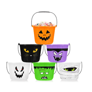 Qilery 12 Pcs Halloween Plastic Buckets Bulk with Handle 7 x 6 x 6 Inch Halloween Pumpkin Trick or Treat Buckets Jack O Lantern Candy Basket for Trick or Treat Party Favor Supplies,  Purple/White/Black/Green/Orange
