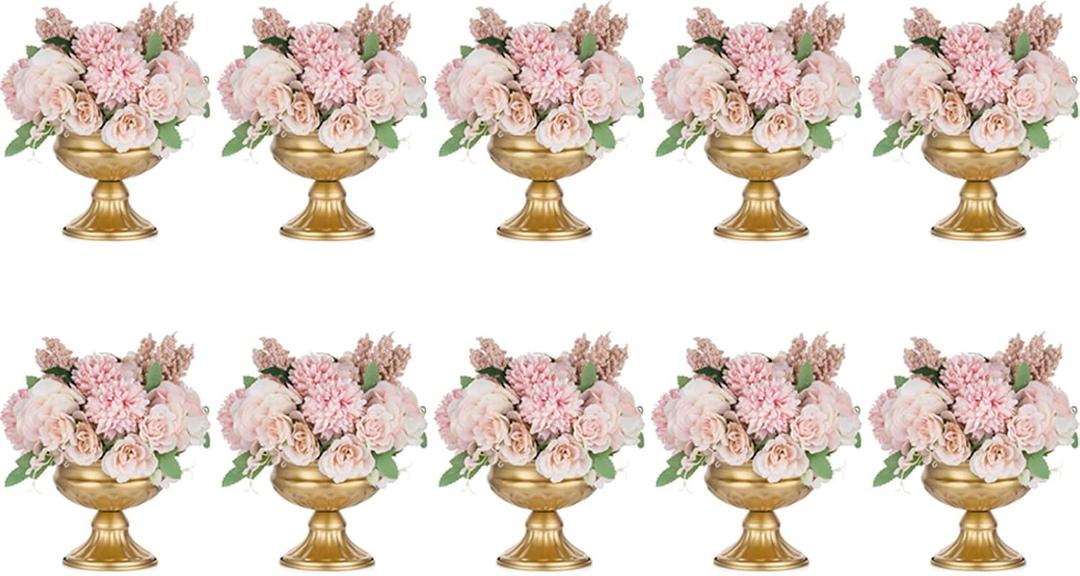 Nuptio Pcs of 10 Mini Sized Metal Urn Planter Elegant Wedding Centerpieces Vase for Wedding Party Decoration, 12.6cm/4.96" Tall Trumpet Vase Flower Holder for Anniversary Ceremony (Gold)