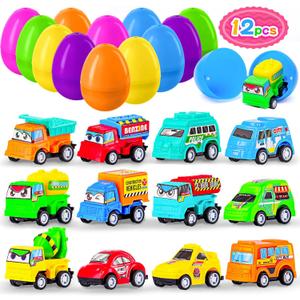 MGparty 12 Pack Prefilled Easter Eggs with Car Toys for Kids Toddlers Bulk Plastic Eggs Pull Back City Truck Vehicles Easter Goodie Bags Stuffers for Toddlers Boys Girls