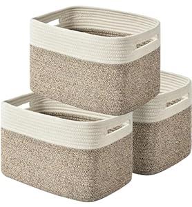Issudata Storage Basket, Woven Baskets for Storage, Cotton Rope Baskets for Organizing, book Basket, towel, Toy Basket or Storage Bins for Living Room - 3 Pack, Brown