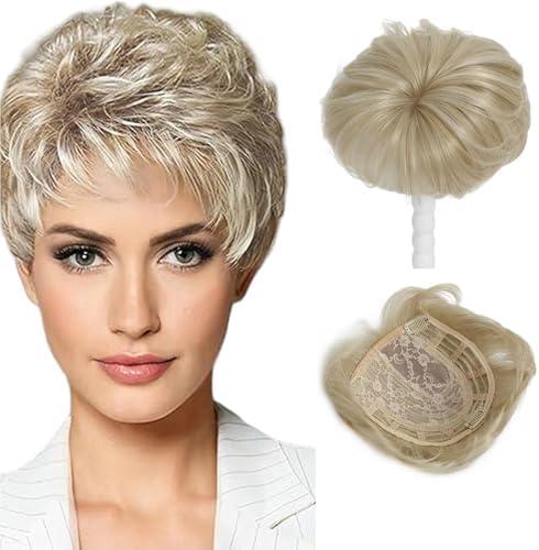 Funyn Hair Topper for Women Short Bob with Bangs &Side Part 360° 3D Cover 6.5x6.5 Inches Synthetic Topper Pieces Natural Look Wig for Thinning Hair (Blonde)