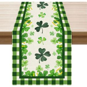 XCHI Green Plaid Four-Leaf Clovers Shamrocks Horseshoes St. Patrick's Day Table Runner Table Decoration for Party Home Kitchen Dining Holiday Decor 13x72 Inch
