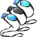 Pro Acme Kids Sunglasses for Boys Girls, Polarized Sports Youth Sunglasses with Strap for Kids Ages Color 3-12 (A2 Black/(Blue Mirrored+ Green Mirrored)+ Black/Gray)