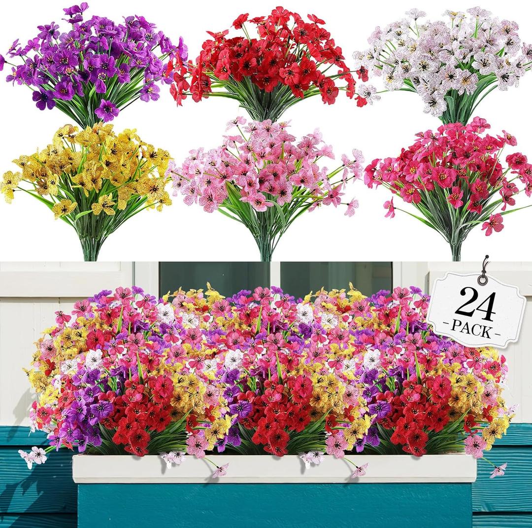 24 Bundles Artificial Flowers for Outdoor,No Fade Fake Plastic Flowers Faux Plants for Decoration Hanging Planters Indoor Outside Garden Porch Window Box Home Wedding Farmhouse (Mix 6 Colors)