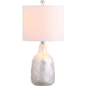 JONATHAN Y 21" Pearl White Seashell LED Table Lamp, Coastal Iridescent Capiz Shell Bedside Lamp for Bedroom Living Room, White Linen Drum Shade, LED Bulb Included JYL4007A