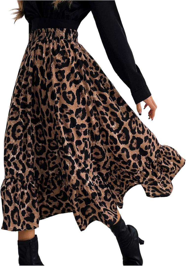 SweatyRocks Women's Leopard Print Ruffle Midi Skirt Causal High Waisted Flowy A Line Skirts (Medium, Multicolor)