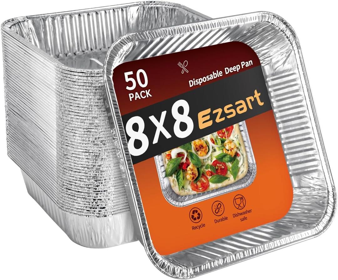 Ezsart Aluminum Pans 8x8-50 Pack Disposable Baking Pans, 8 Inch Square Tin Foil Pans, Aluminum Roasting Trays for Holiday Cooking, Heating and Baking, Christmas, Parties Meal Prep & Storage