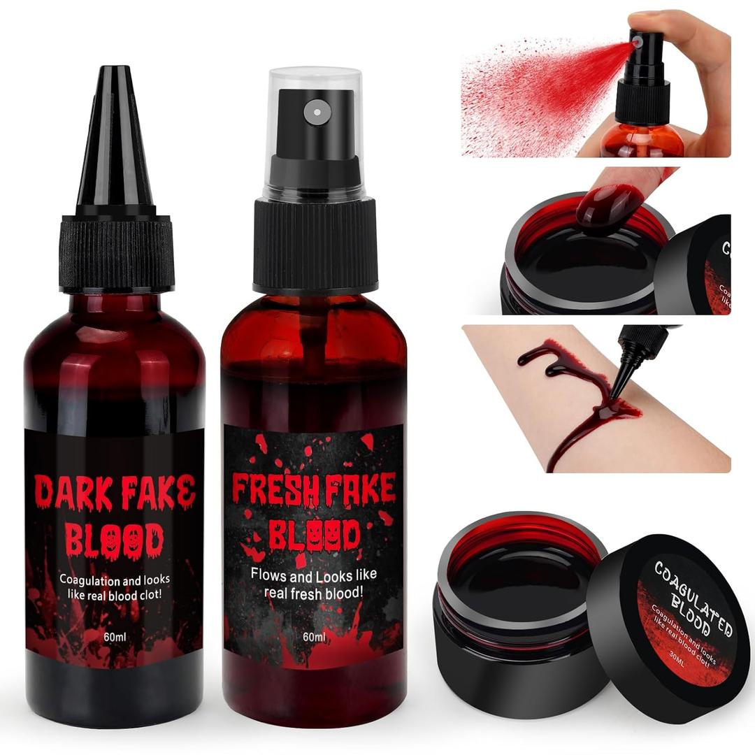 3PCS Halloween Fake Blood Kit, 2.03oz Fake Blood Spray and 2.03oz Dripping Blood and 1.06oz Coagulated Gel Blood, Realistic Washable Fake Blood Makeup for Zombie Vampire Monster Cosplay & Dress Up