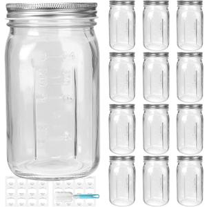 DHSBTLS 32 oz Glass Mason Jars, 12 Pack Wide Mouth Glass Canning Jars with Silver Aluminum Lids and Bands, Airtight Jars for Food Storage, Canning, Overnight Oats, Fermenting, Pickling, Decor