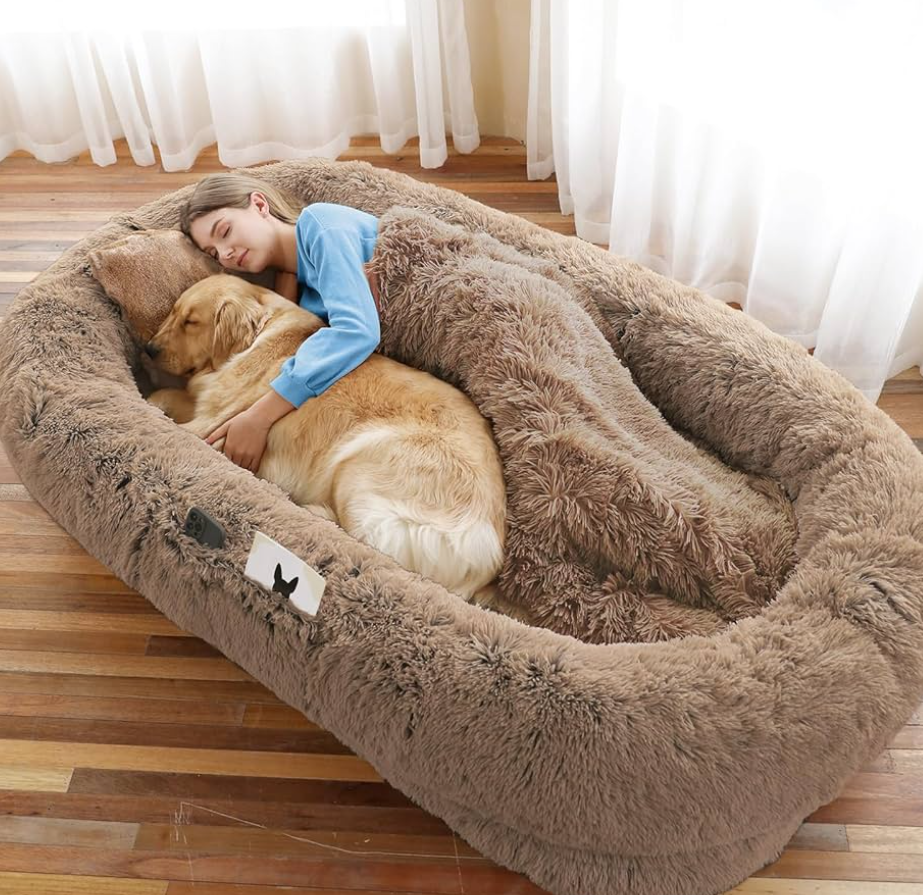 Redlife Extra Large Human Dog Bed - 72"x48"x10" with Blanket, Side Pocket & Waterproof Washable Faux Fur Fabric (Brown)