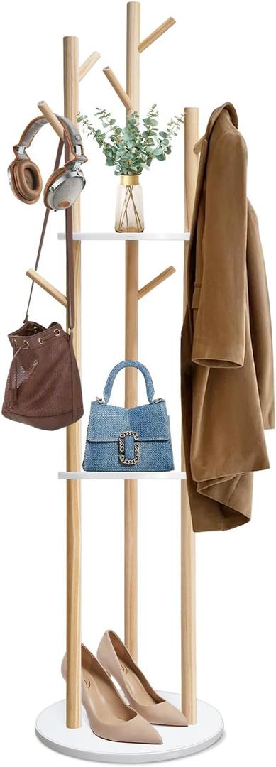 LIWSHWZ Solid Wood Coat Rack Freestanding,Coat Hanger Stand with 3 Shelves and 9 Hooks,Hall Tree for Bedroom, Entryway, Livingroom, Coat Hanger Stand for Coats, Scarves, Handbags