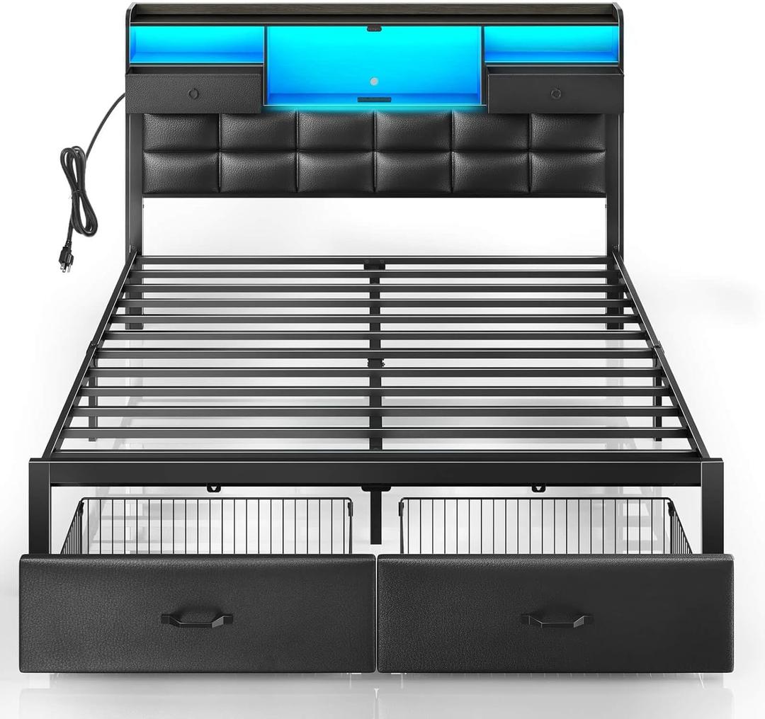 Rolanstar Bed Frame Full Size with Drawers and Charging Station, Upholstered Platform Bed with Storage Headboard and LED Light, Heavy Duty Metal Frame Support, No Box Spring Needed, Noise Free, Black