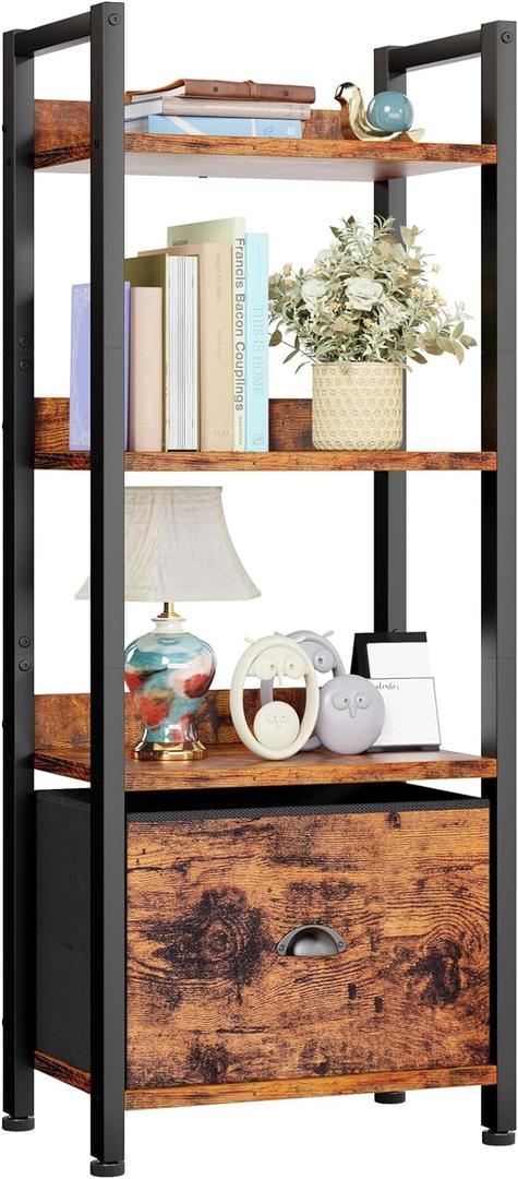 Furologee 4 Tier Bookshelf with Drawer, Tall Bookcase with Shelves, Narrow Bookshelves Storage Organizer, Wood and Metal Display Standing Shelf Unit for Bedroom, Living Room, Rustic Brown