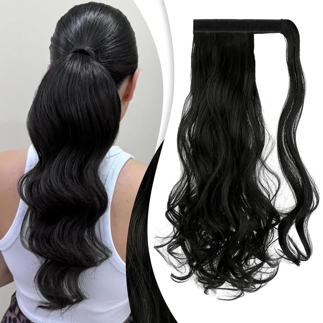 FELENDY 18" Ponytail Extension Curly Wavy Clip in Hairpiece Wrap Around Long Pony Tails Hair Extensions Synthetic for Women Dark Black