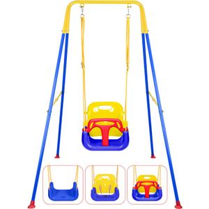 3-in-1 Toddler Swing Set, Foldable Baby Swings with Stand, Indoor & Outdoor Kids Swing Sets, Multifunctional Swings for Home Backyard, Easy to Install and Store (Blue)