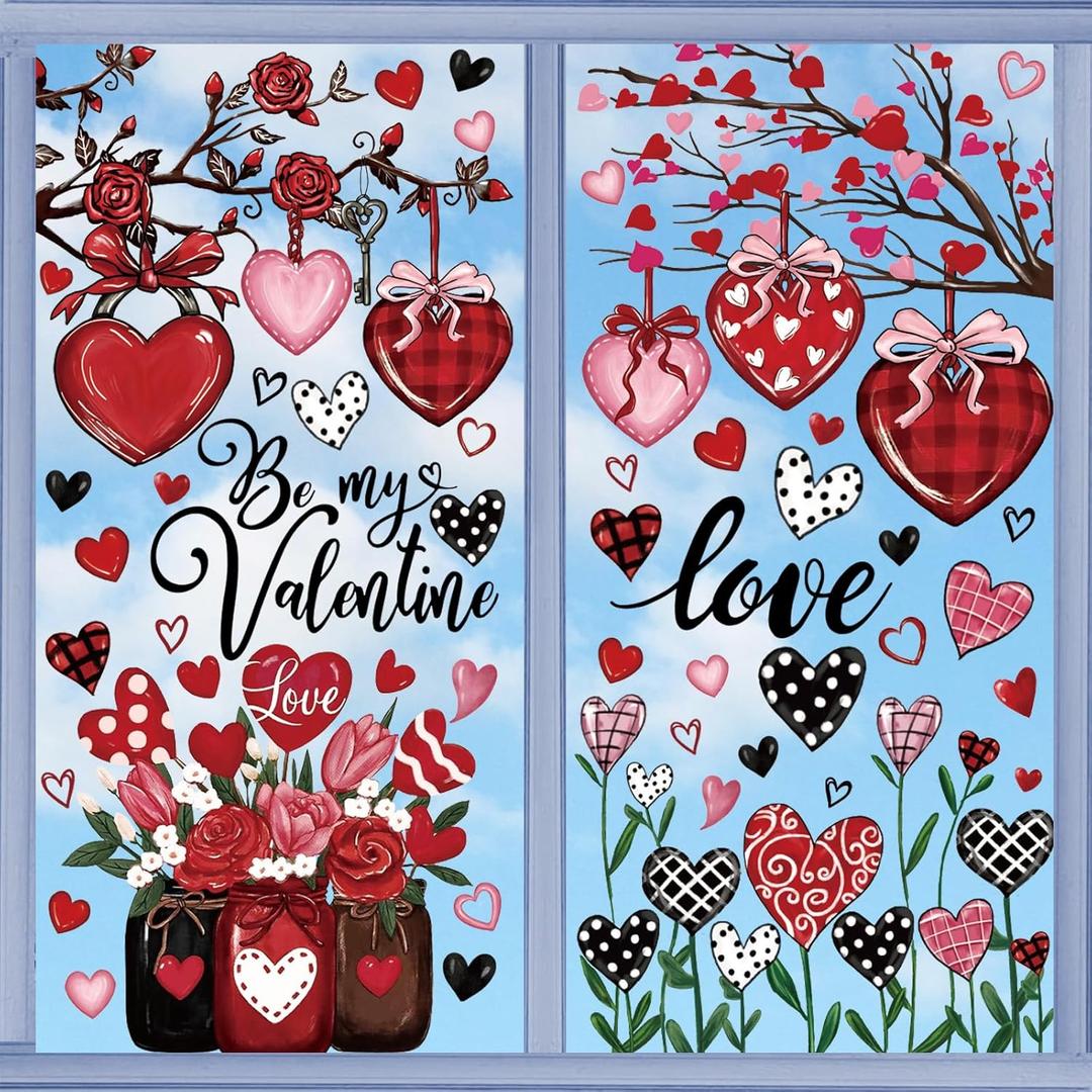 2 x JarThenaAMCS Valentine's Day Window Cling Stickers Red Black Pink Heart Plant Rose Flower Double-Sided Reusable Window Decals for Party Home Office Classroom Decoration, 4 Sheets