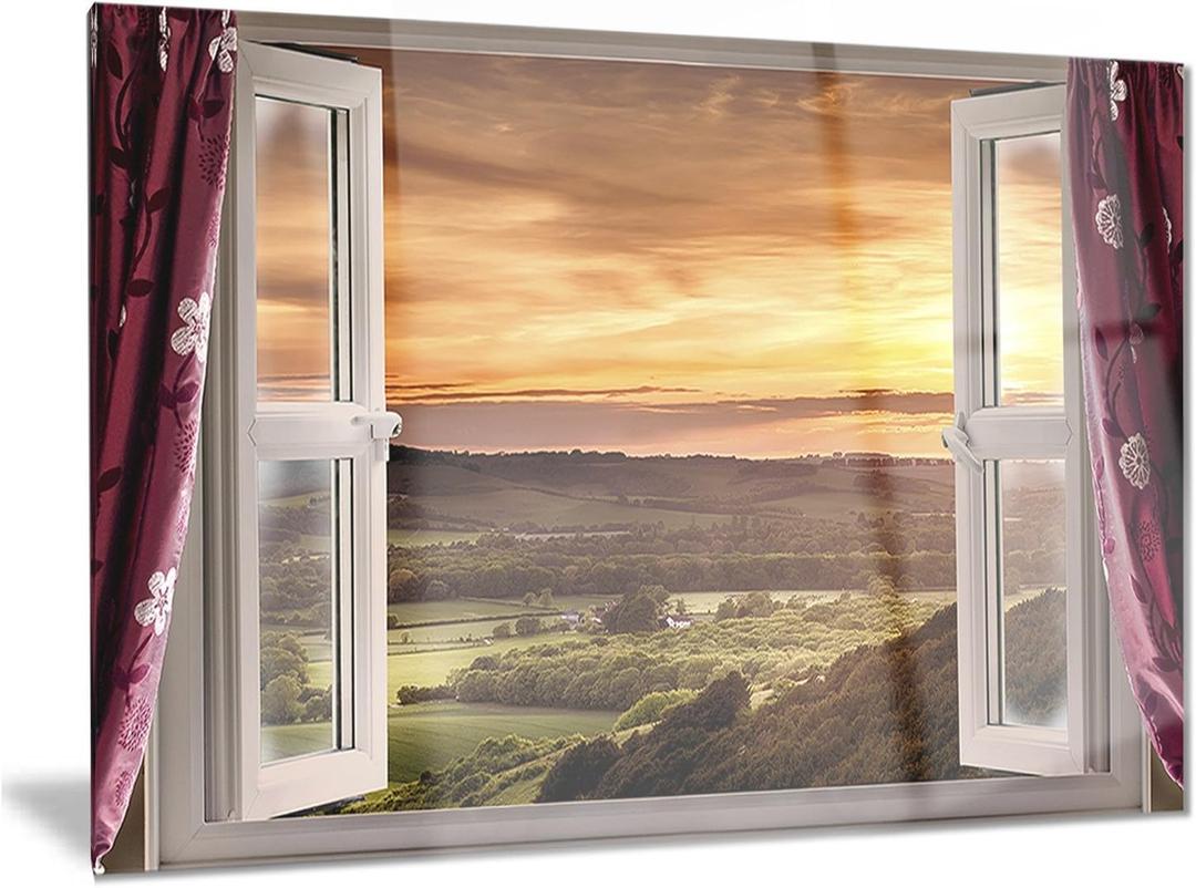 Designart Open Window to Rural Landscape-Contemporary Metal Wall Art-MT6797-28x12, 28x12 (28L" x 12W")
