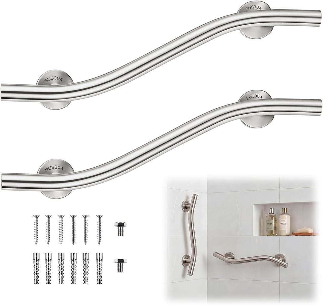 2 Pack Wave Grab Bar Decorative 24 Inch Stylish Stainless Steel Brushed Finish Safety Shower Bar Wall Mounted for Bathroom Bathtubs Toilet Steps Bed Seniors Elderly Handicap Pregnant Women